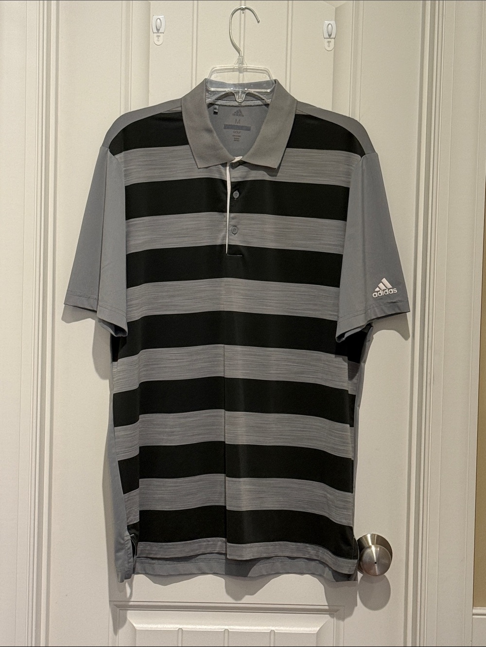 adidas Men's Black and Gray Horizontal Stripe Polo